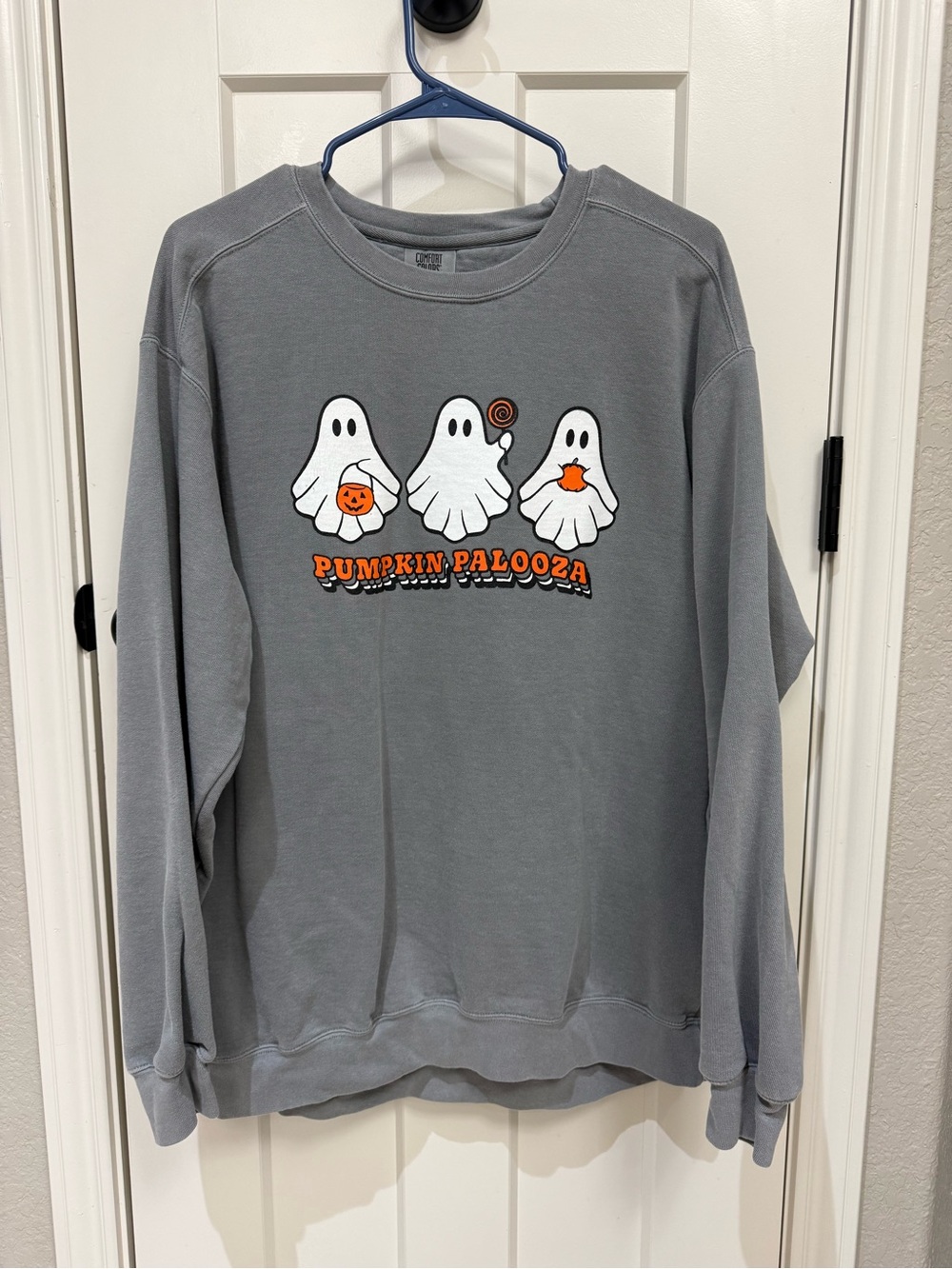 Comfort Colors Gray Ghost Pumpkin Sweatshirt | Unisex Oversized | Like New